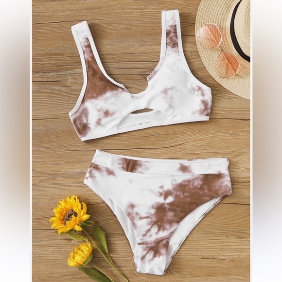 Brand New Tie Dye High Waisted Bikini Set White Brown 2-Piece Swimwear Bra Cups - Picture 16 of 16